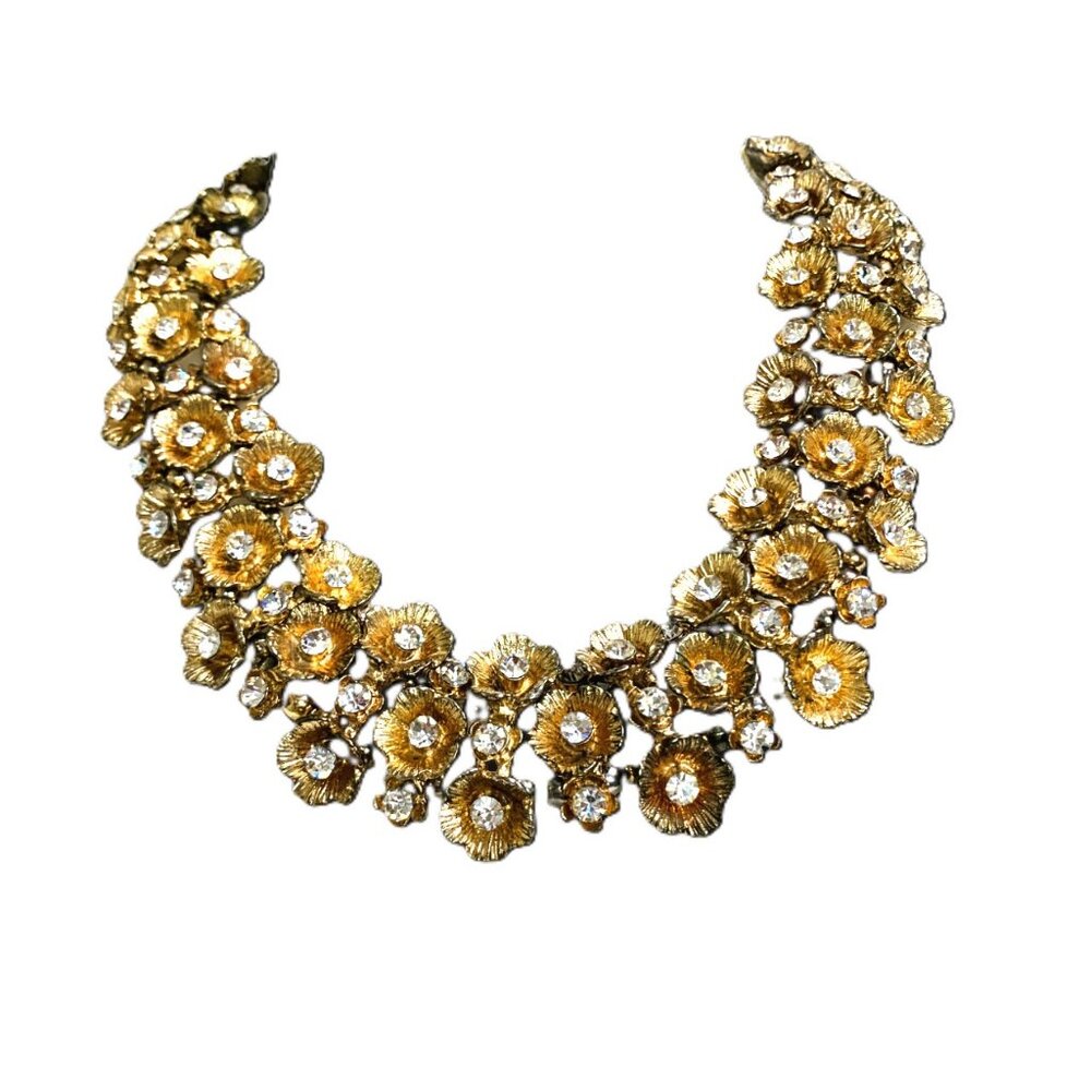 Necklace Gold Tone Floral Rhinestone Triple Stand Hollywood Glam Regency Adjusts